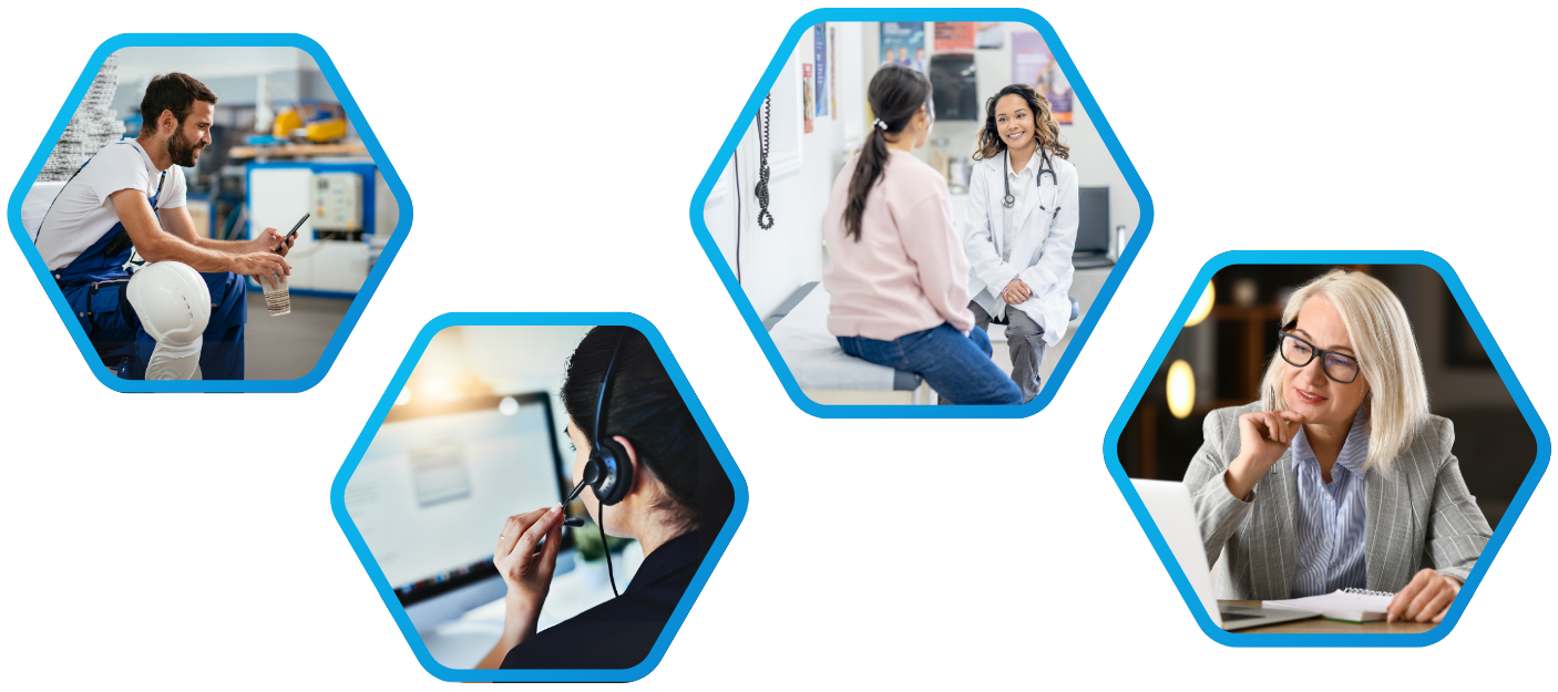A construction worker waiting for an exam, a patient consulting with a doctor, a concierge specialist assisting via call, and an HR professional reviewing health compliance data-representing BlueHi...