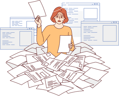 Overwhelmed HR manager drowning in paperwork and digital forms, illustrating manual compliance fatigue.