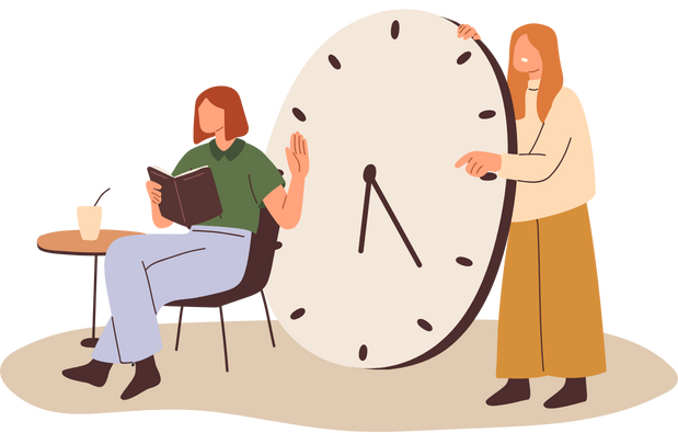 Two women managing time with a giant clock, symbolizing streamlined compliance workflows and efficiency gains.