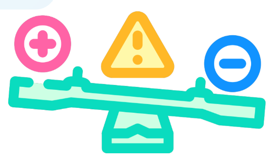 Colorful illustration of a tilted scale with plus and minus signs, a warning triangle symbolizing risk-benefit analysis in health compliance.